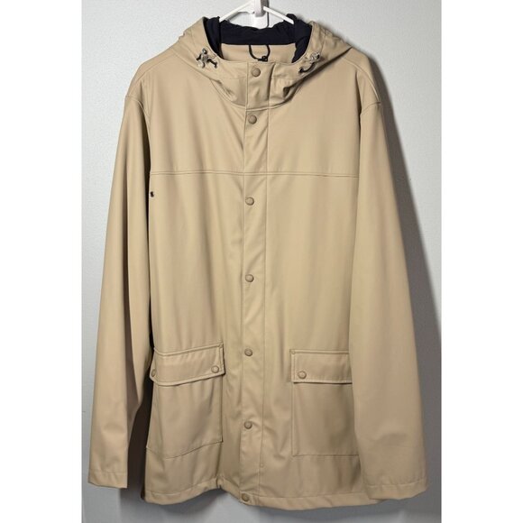 Lands' End Mens Beige Fleece Lined Hooded Rain Jacket Coat Large Tan Pockets - Picture 1 of 14